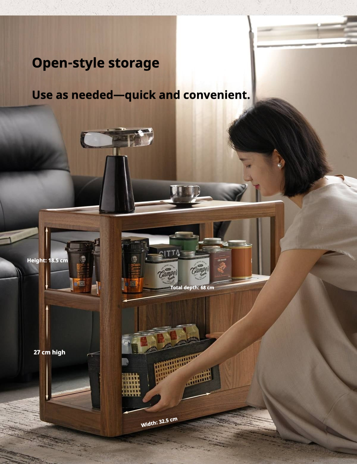 Black Walnut, Sandalwood, Oak, Ash Rolling Side Table with Stone Top and Open Storage Shelves