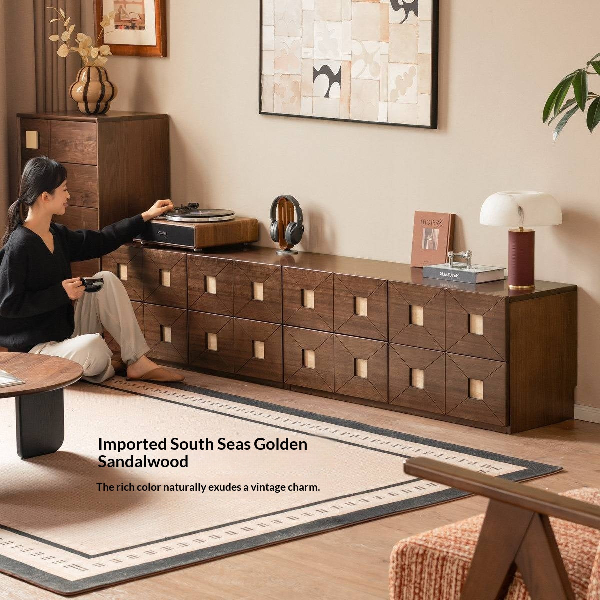 Sandalwood Solid Wood Vintage TV Cabinet with Floor Standing and Storage Space