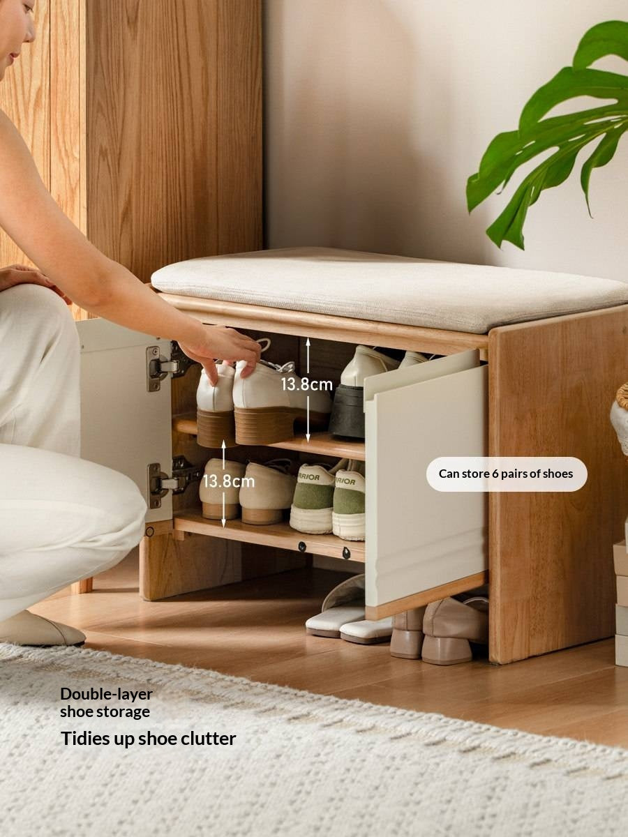Solid RubberWood Shoe Storage Bench with Doors and Cushioned Top