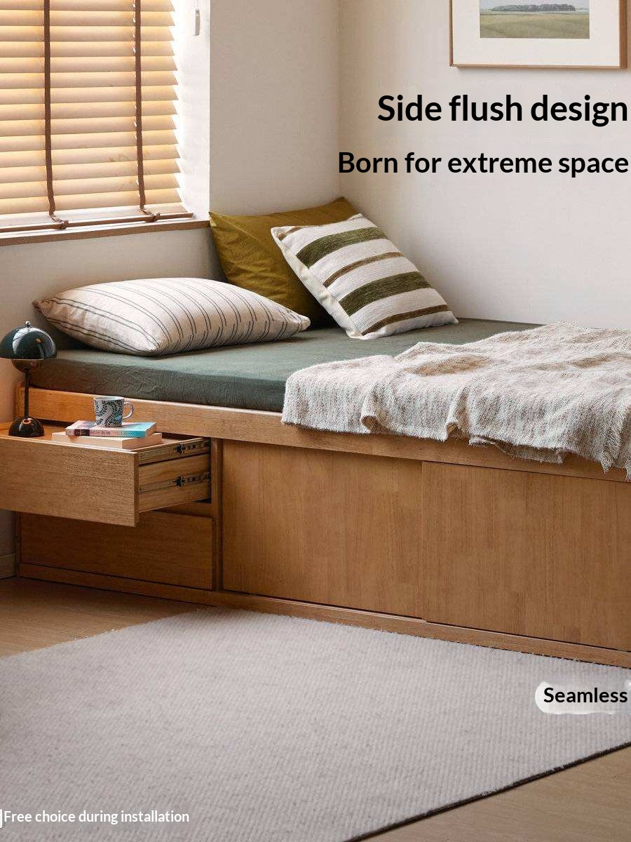 Rubberwood Solid Wood Low Platform Storage Bed with Side Drawers