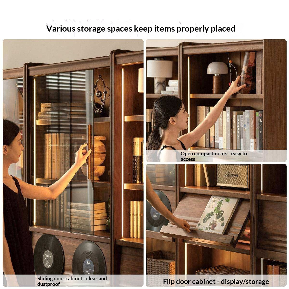 Black Walnut Solid Wood Combination Bookcase with Wall Storage and Floor Display