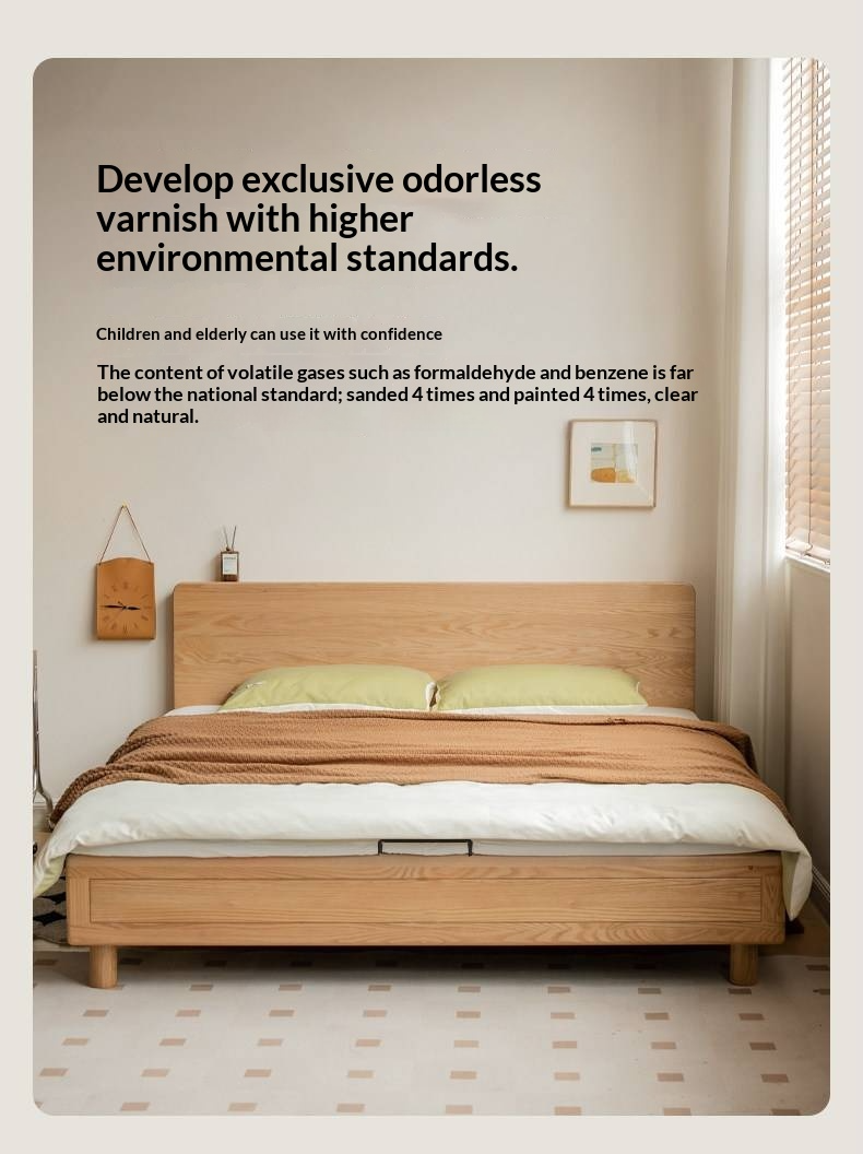 Oak Solid Wood Platform Storage Bed with Hidden Drawers and Bedside Shelf