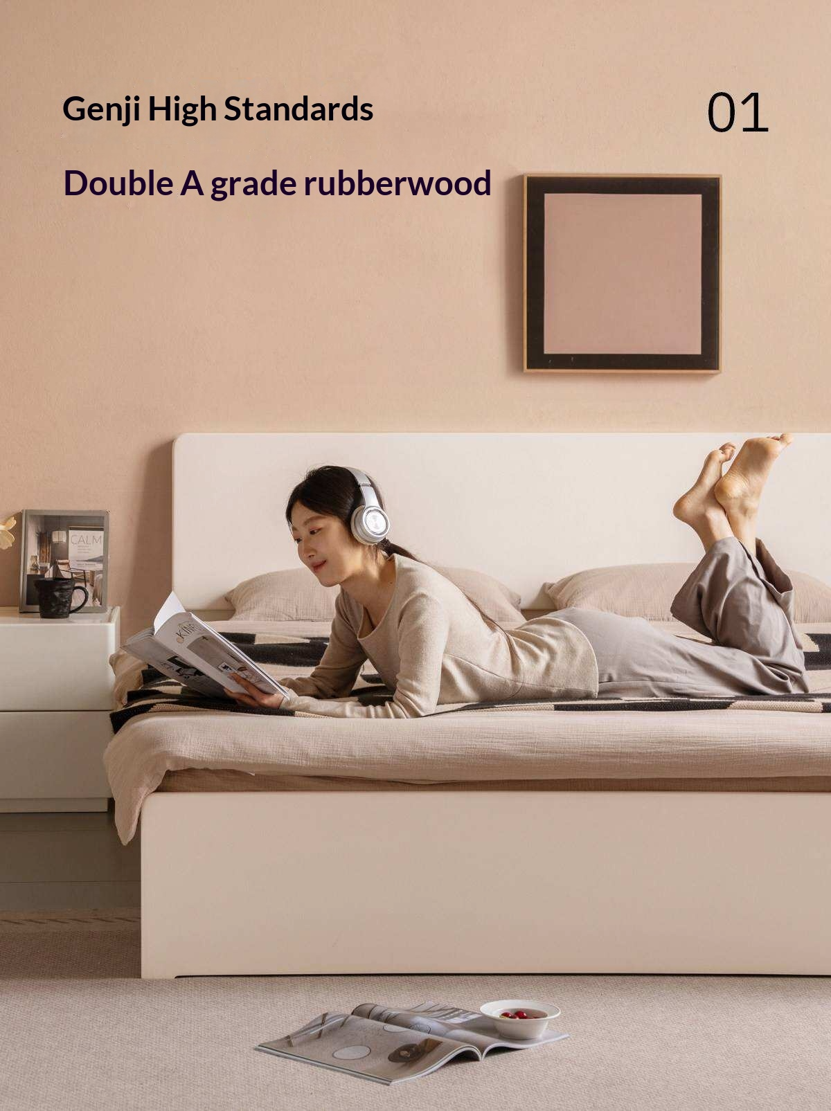 Rubberwood Solid Wood White Cream Gas Lift Storage Bed