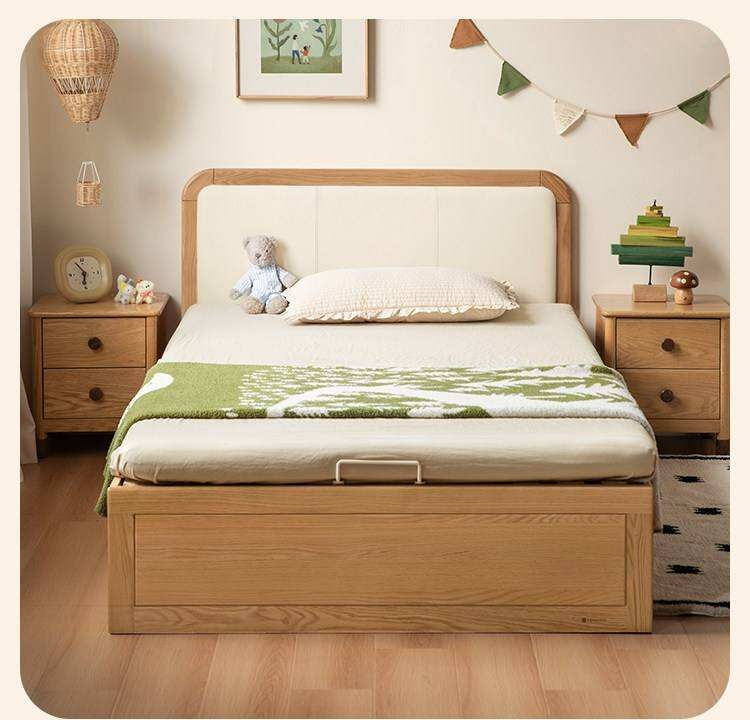 Oak, Rubberwood Solid Wood Upholstered Kids Storage Bed with Gas Lift and Rounded Headboard