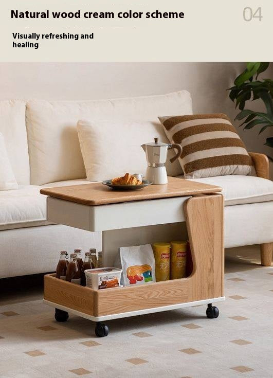 Oak Solid Wood Liftable Rotating Mobile Side Table