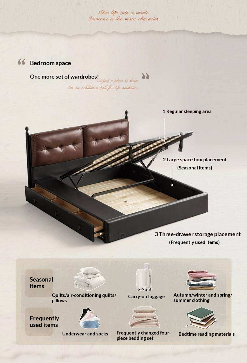 Genuine Leather Luxury Storage Bed with Lift-Up Storage Box Bed
