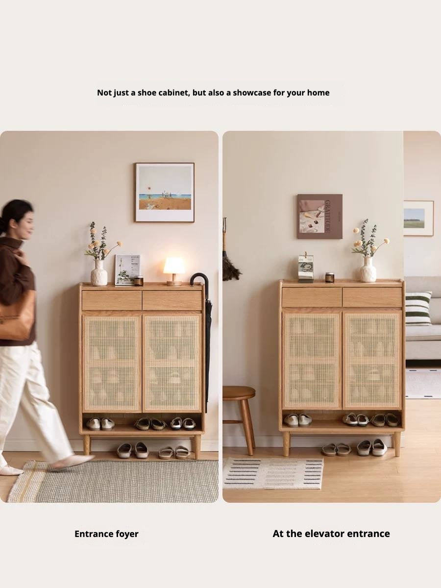 Oak Solid Wood Modern Entryway Shoe Cabinet with Drawers