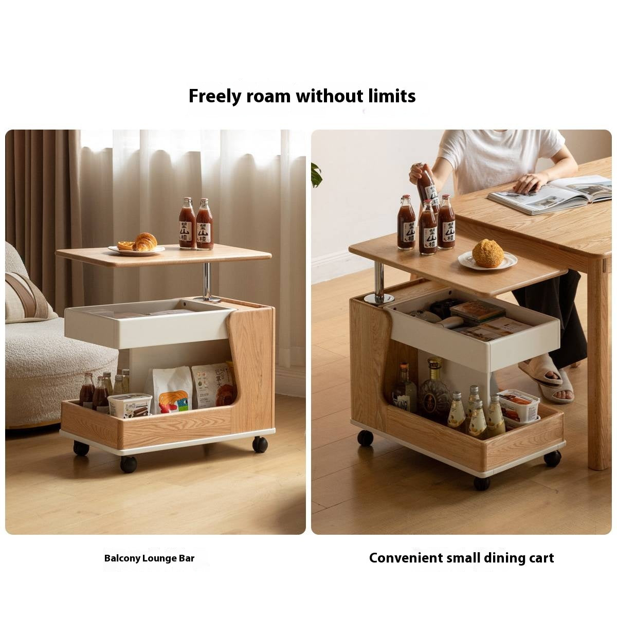 Oak Solid Wood Liftable Rotating Mobile Side Table