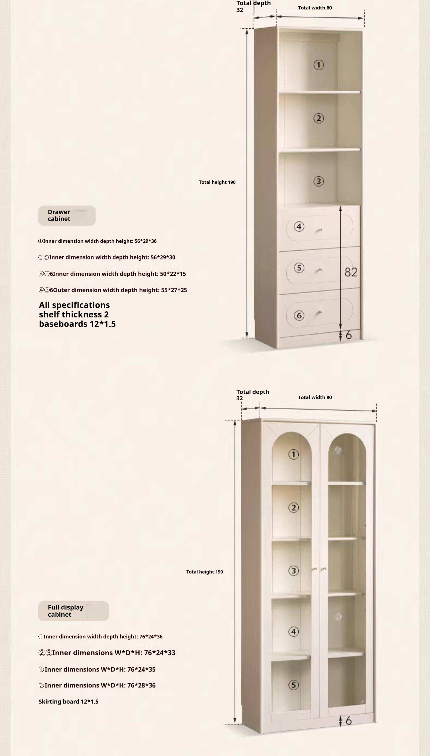 Solid RubberWood Bookcase White With Glass Door French Cream Style