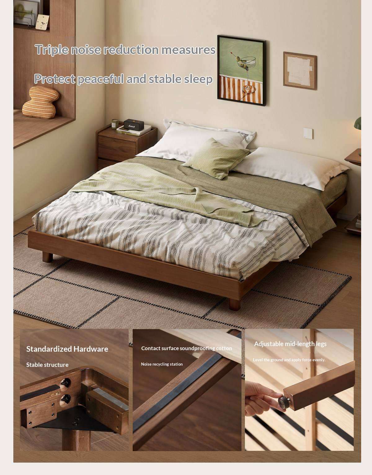 Rubberwood Solid Wood Modern Low Platform Bed Without Headboard