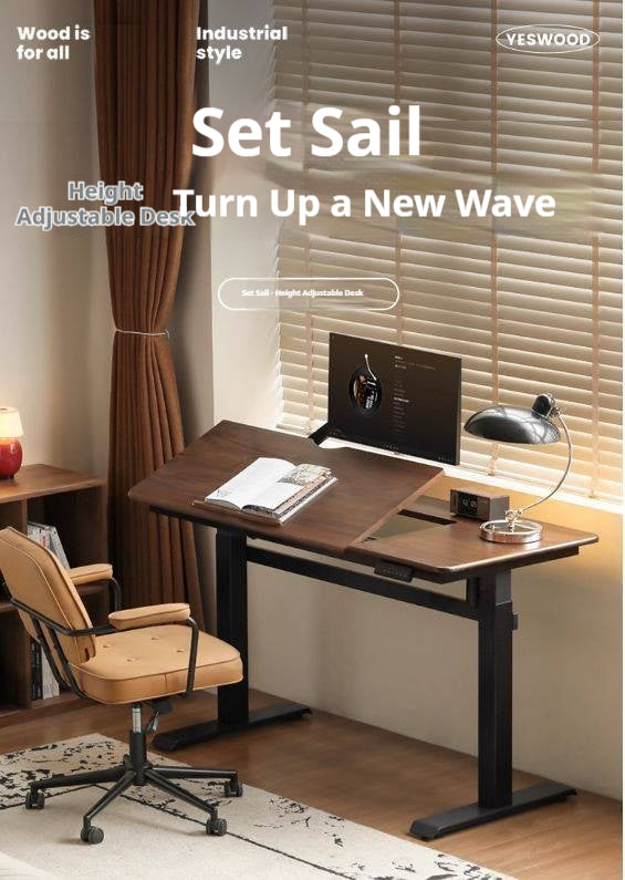 Black Walnut, Oak Solid Wood Light Luxury Style Electric Lift Table.