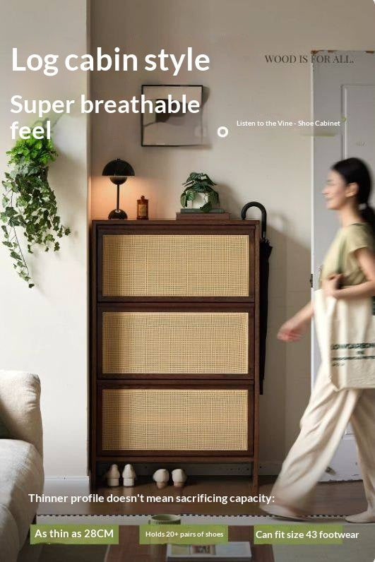 Oak Solid Wood Slim Entryway Shoe Cabinet with Rattan Flip-Down Doors