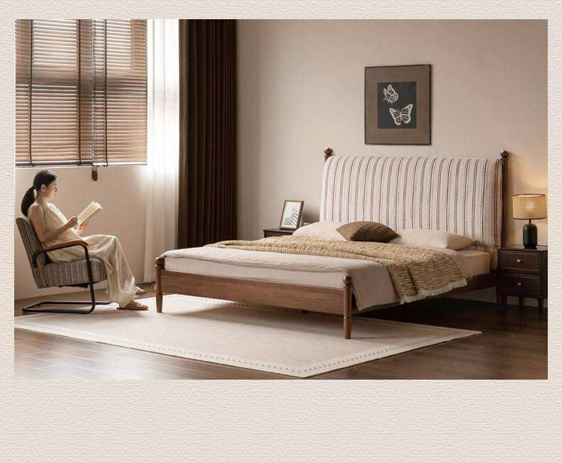 Black Walnut Solid Wood Striped Upholstered Panel Bed