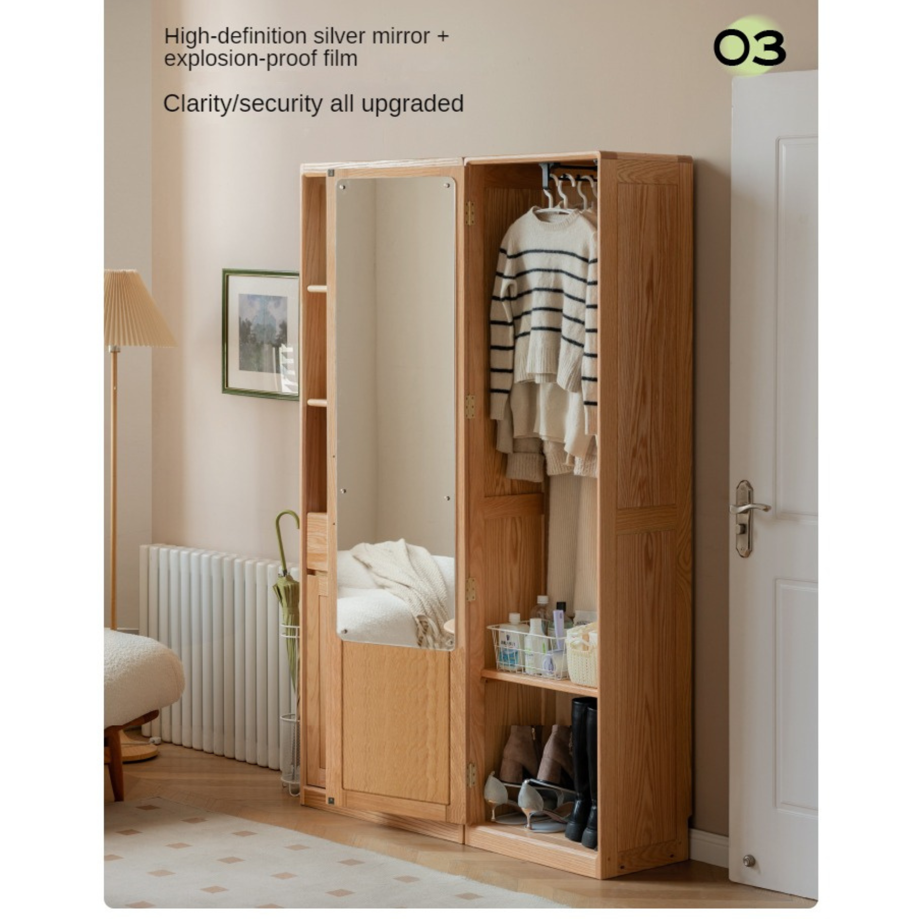 Oak Solid Wood Mirror Entrance Cabinet