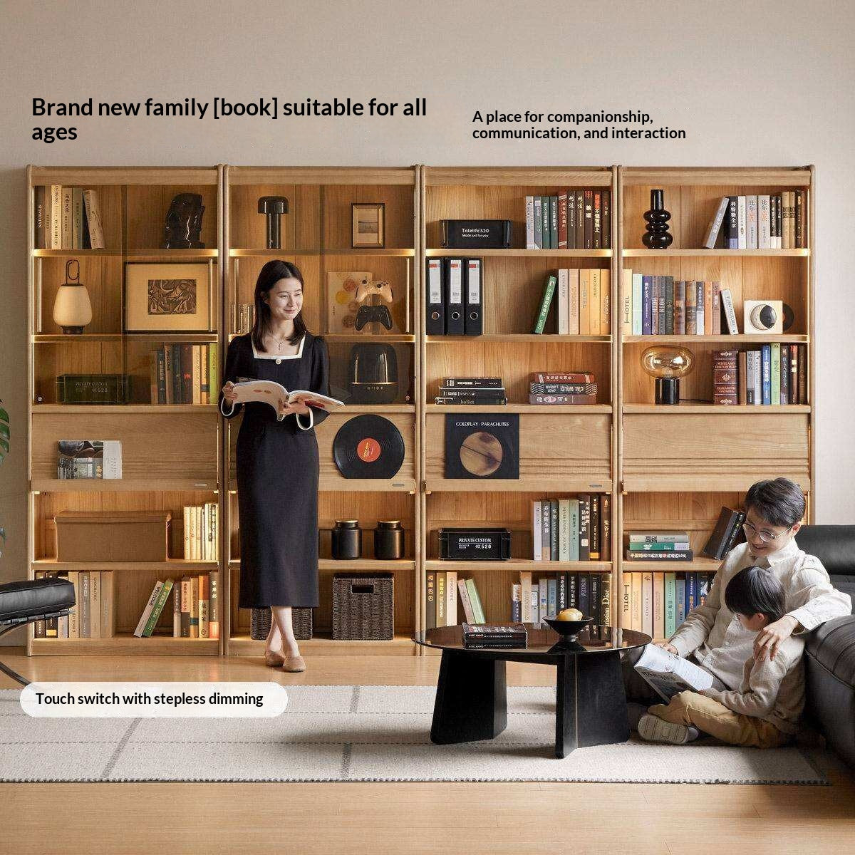 Oak Solid Wood Display Bookcase with Wall-Mounted Option and Storage Cabinet