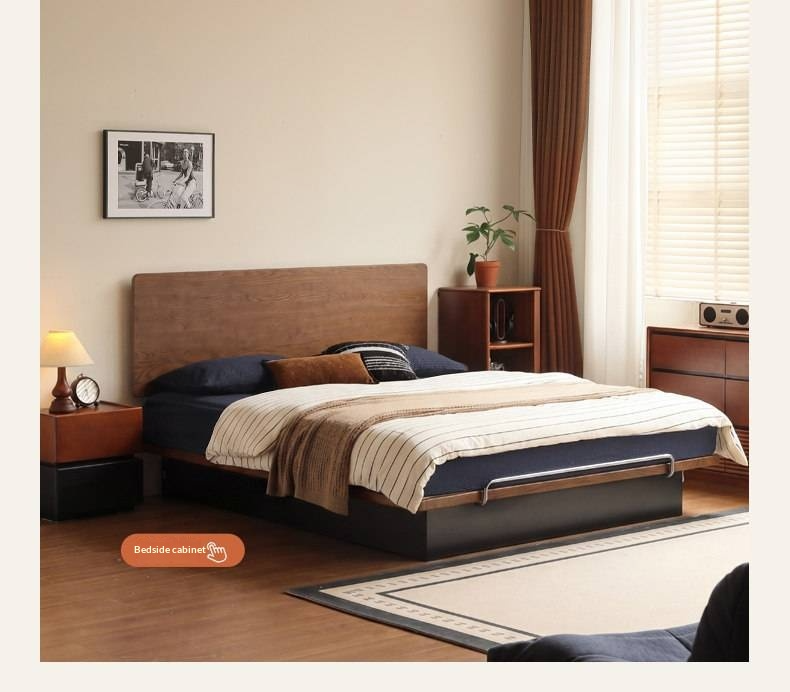 Oak Solid Wood Mid-Century Floating Storage Bed with Lift-Up Storage Box