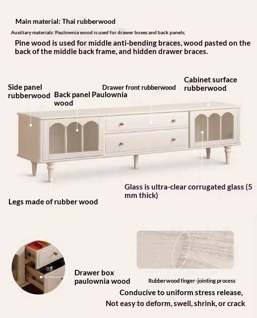 Solid Rubberwood TV Cabinet French Cream Style and Integrated Storage