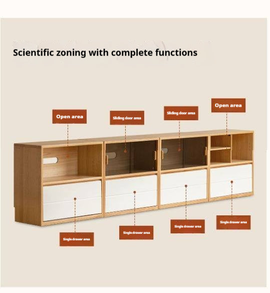 Oak Solid Wood Modular TV Cabinet System with Two-Tone Sliding Doors