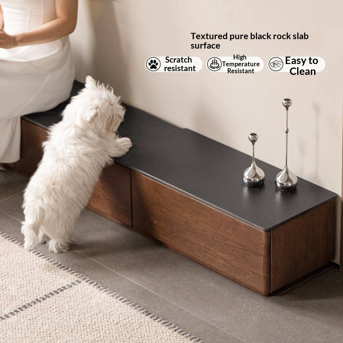 Catalpa Solid Wood TV Cabinet with Storage Drawers, Media Console with Slate Top