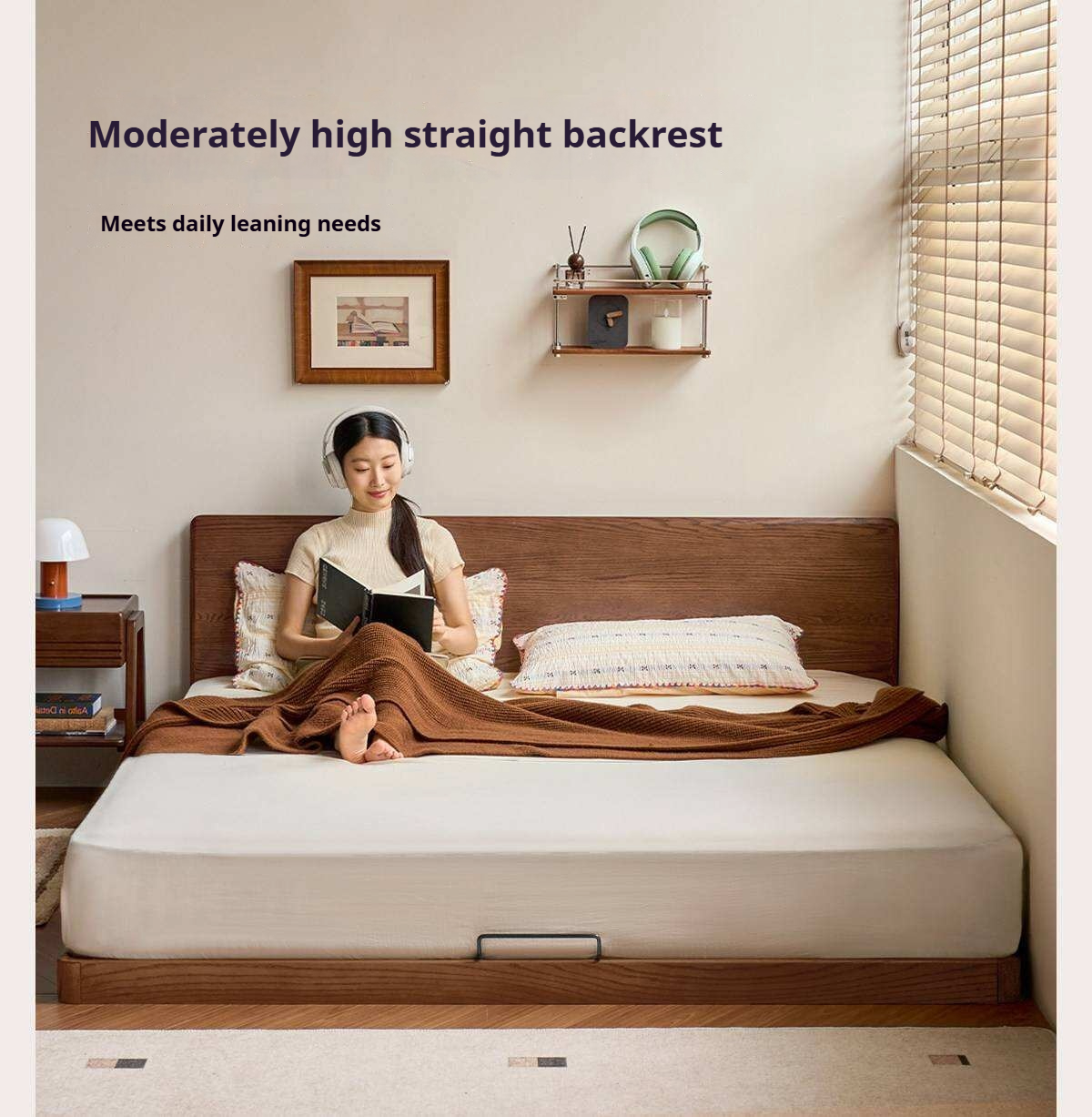 Oak Solid Wood Bed with Removable Headboard and Low Floor Design