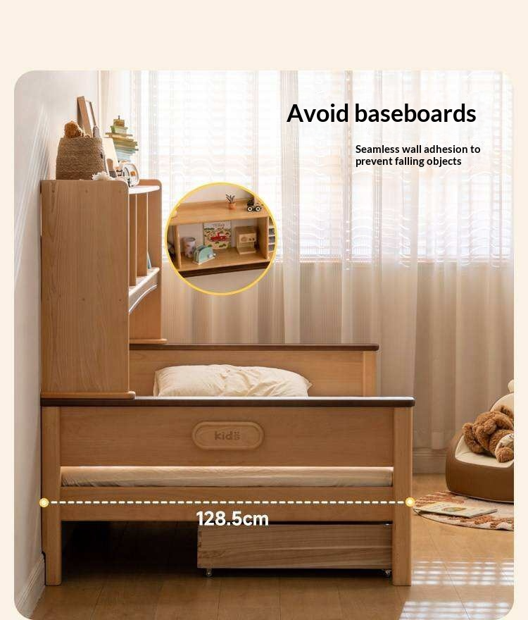Beech Solid Wood Kids Bed with Bookcase Headboard and Pull-Out Trundle
