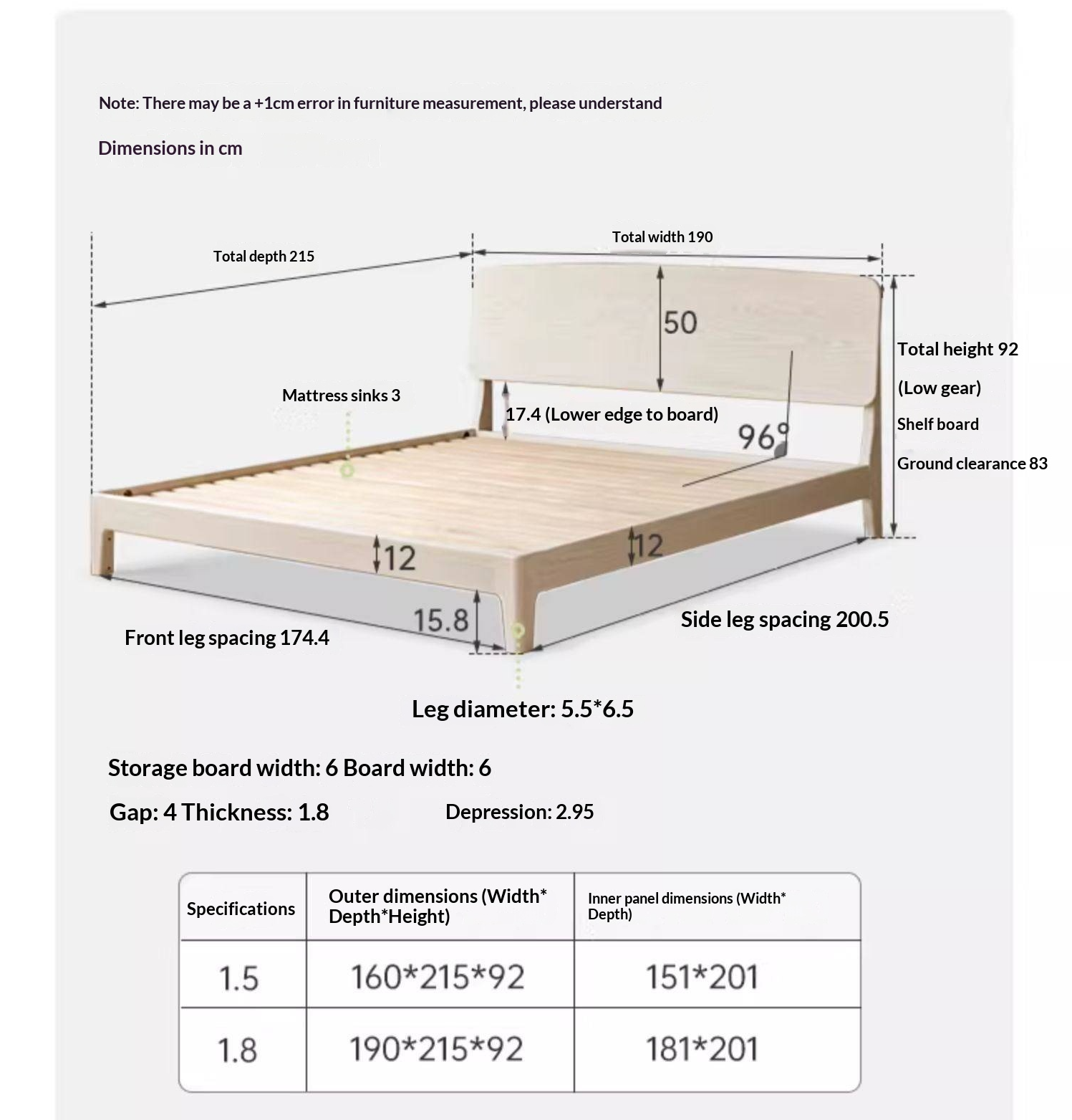 Oak Solid Wood Bed — Cream Style with Slanted Backrest