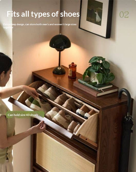 Oak Solid Wood Slim Entryway Shoe Cabinet with Rattan Flip-Down Doors