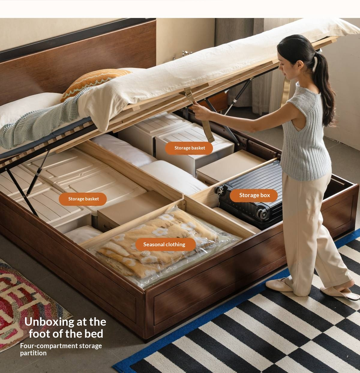 Golden Rosewood Solid Wood Bauhaus Storage Bed with Full Lift-Up Storage Box and Color-Block Headboard