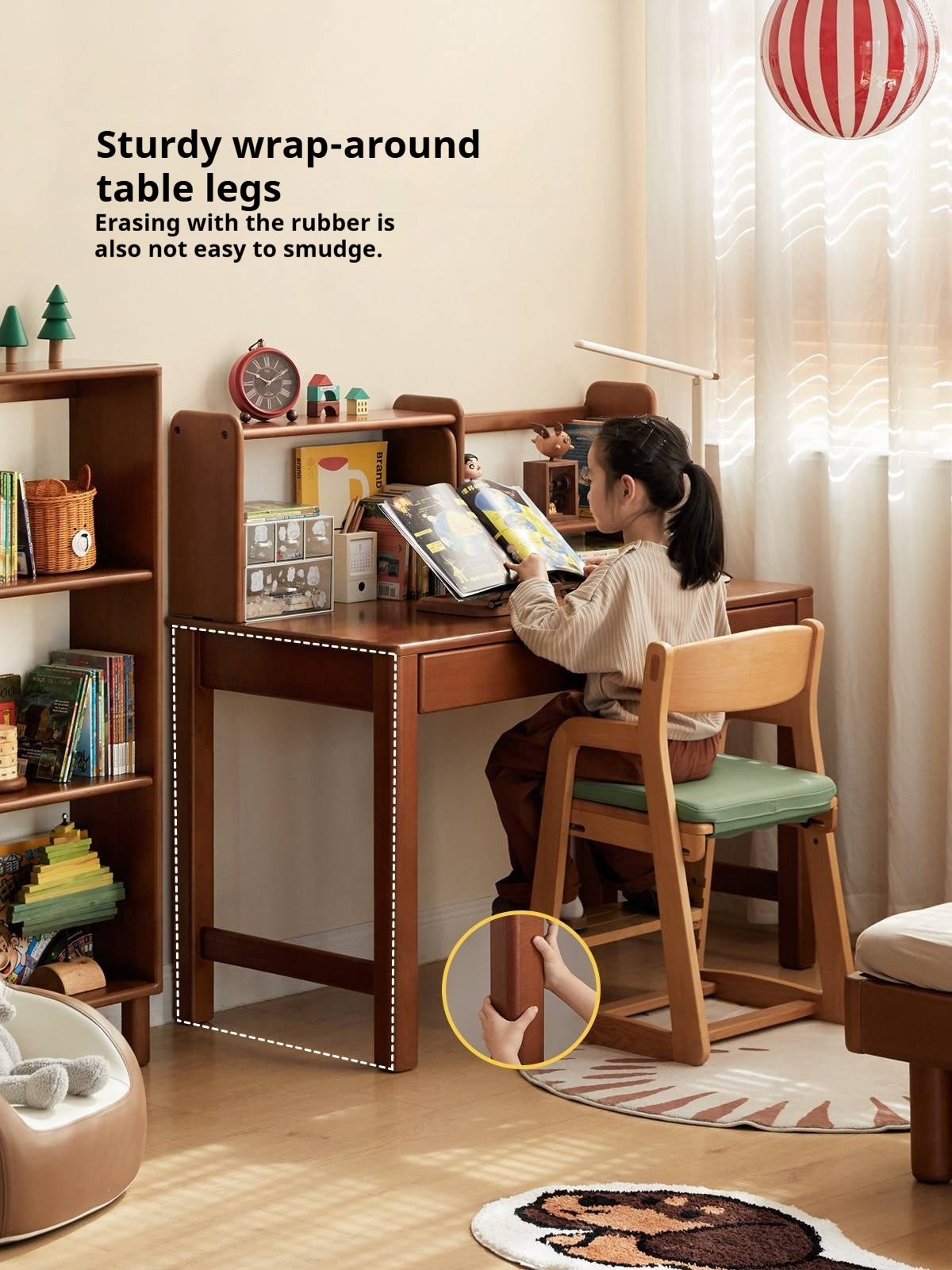 Poplar Solid Wood Kids Study Table Bookshelf Integrated