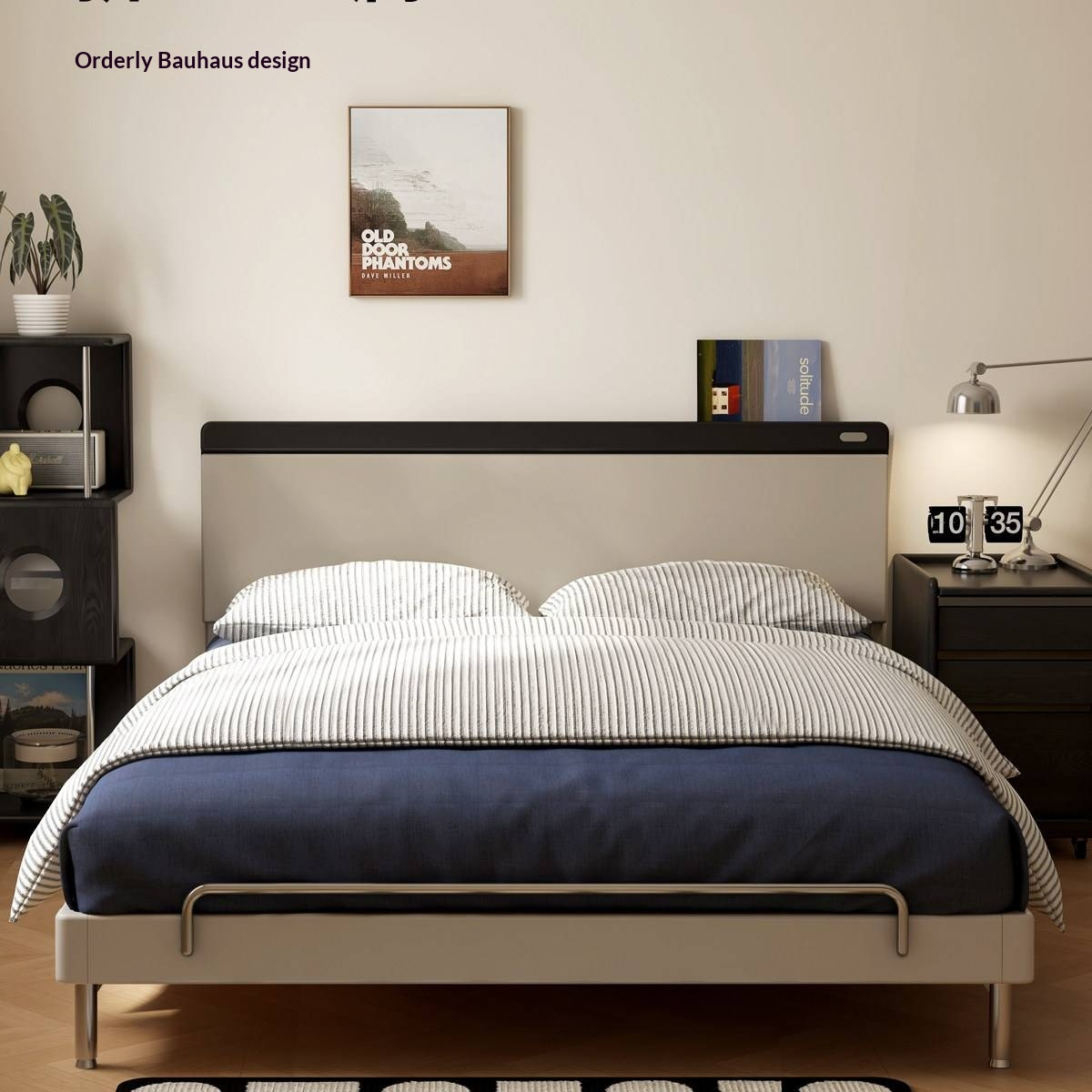 Rubberwood Solid Wood Bauhaus Platform Bed with Adjustable Headboard and Stainless Steel Legs