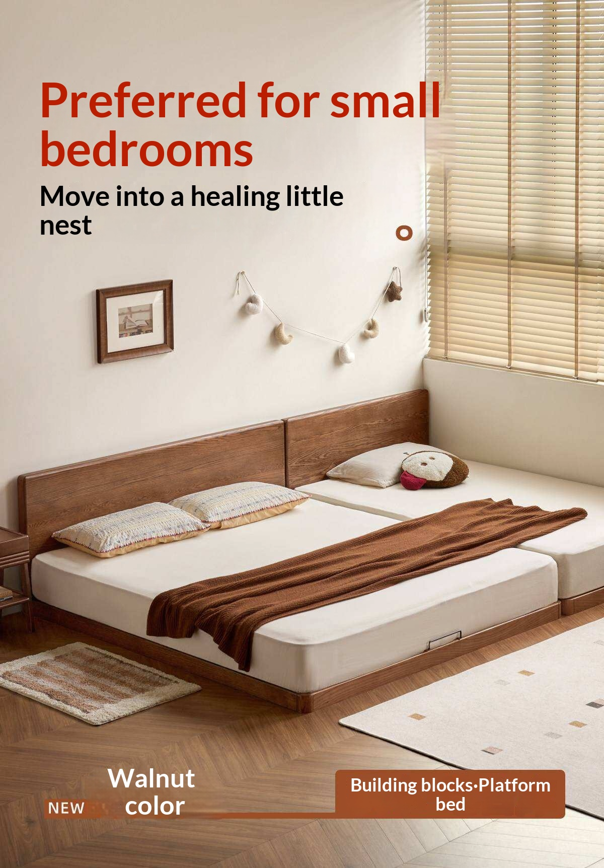 Oak Solid Wood Bed with Removable Headboard and Low Floor Design