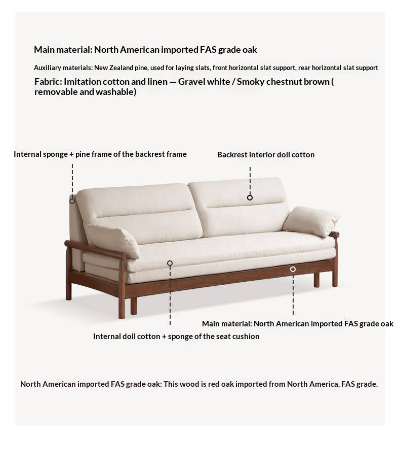 Oak Solid Wood Wood Frame Sleeper Sofa with Reclining Backrest