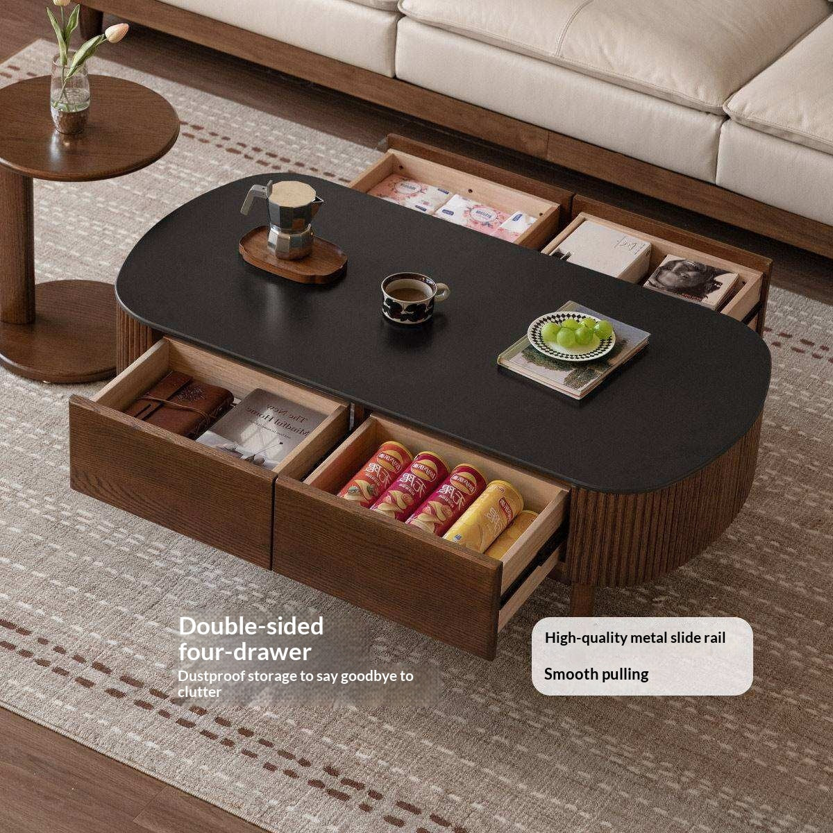 Oak Solid Wood Coffee Table with Rock Plate Surface