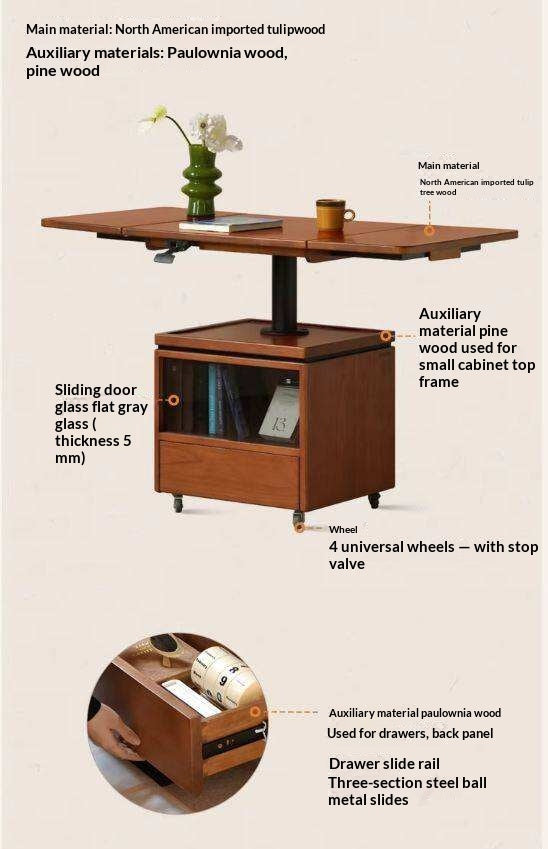 Tulipwood Solid Wood Lifting Coffee Table with Folding Square Top