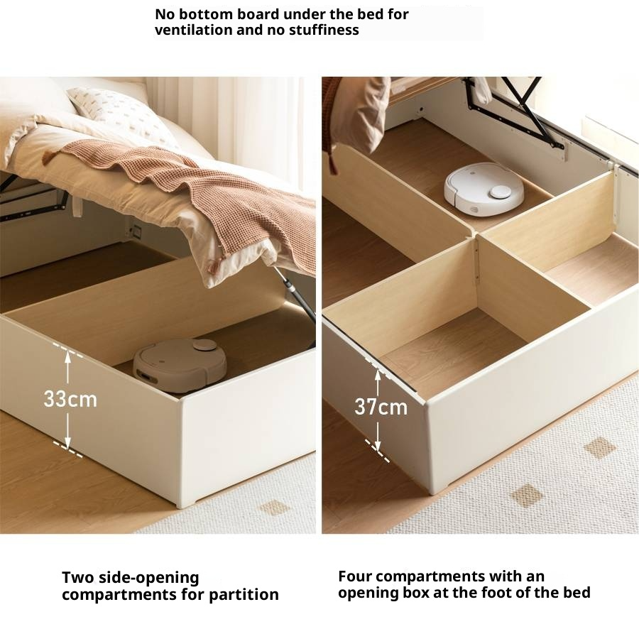 Rubberwood Solid Wood Platform Bed, Headboard-Free Box Bed Cream Style