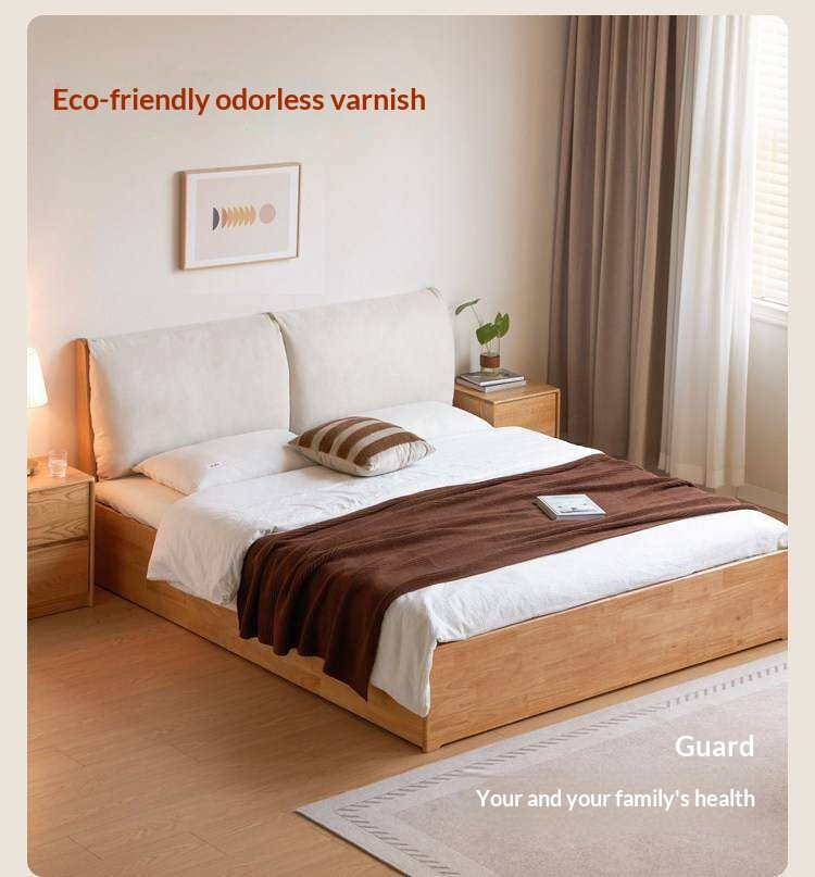 Rubberwood Solid Wood Storage Bed with Lift-Up Base and Soft Upholstered Headboard