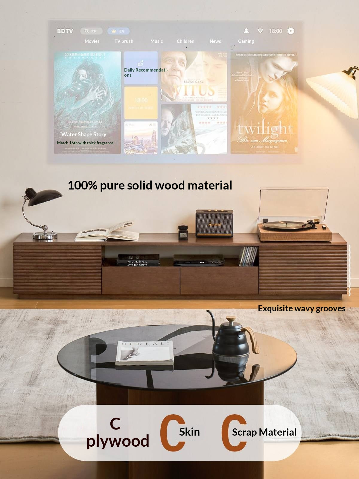 Solid RubberWood Fluted TV Media Console with Drawers and Open Shelf