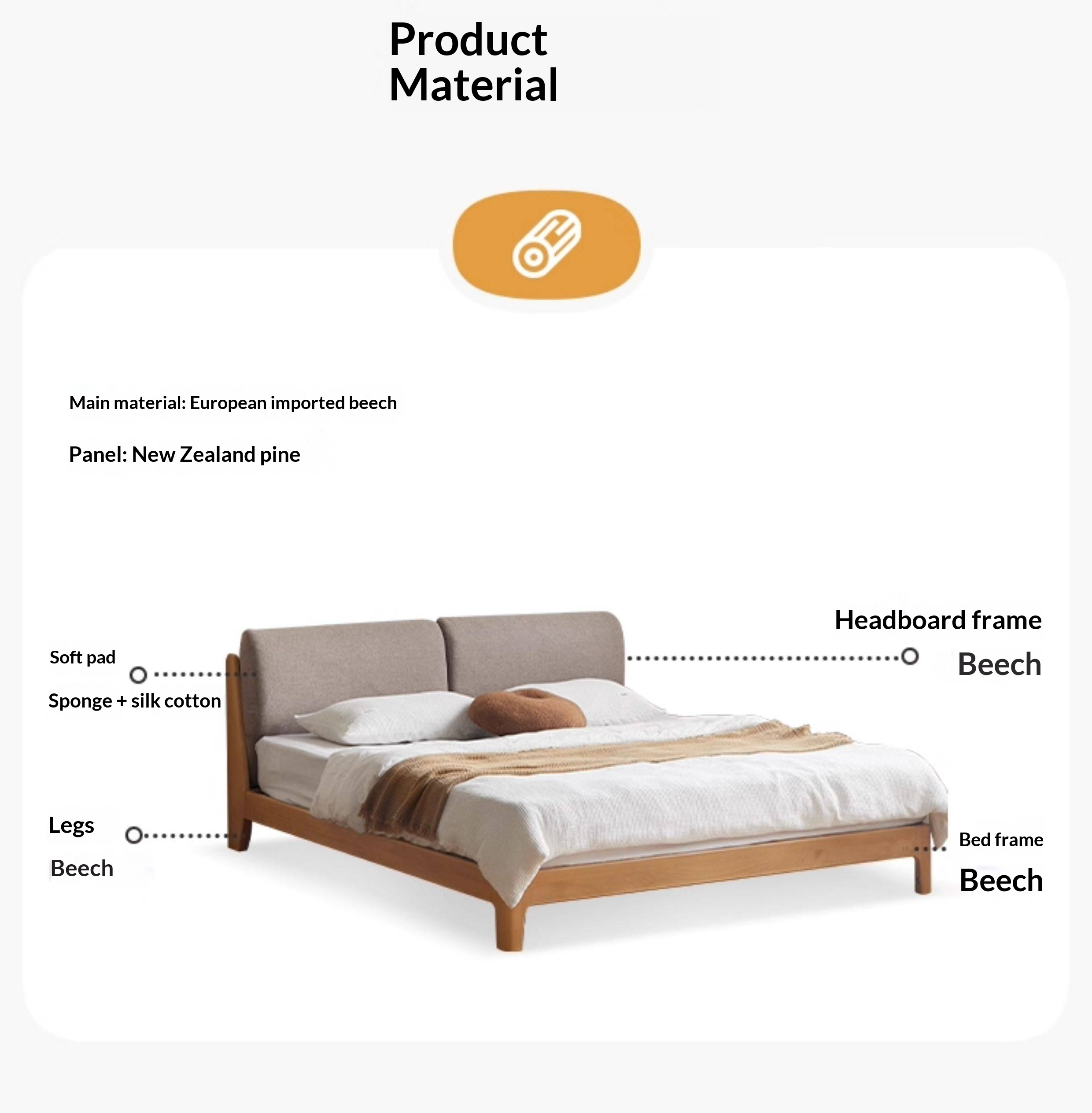 Beech Solid Wood Upholstered King Bed — Soft Headboard with Fabric Upholstery