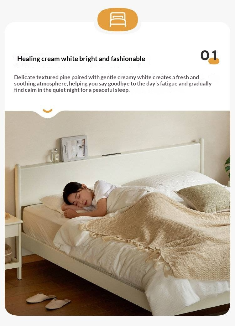 Pine Solid Wood Bed — Nordic Minimalist Cream Style Large Bed
