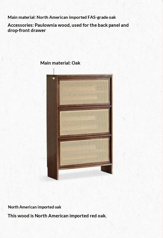 Oak Solid Wood Slim Entryway Shoe Cabinet with Rattan Flip-Down Doors
