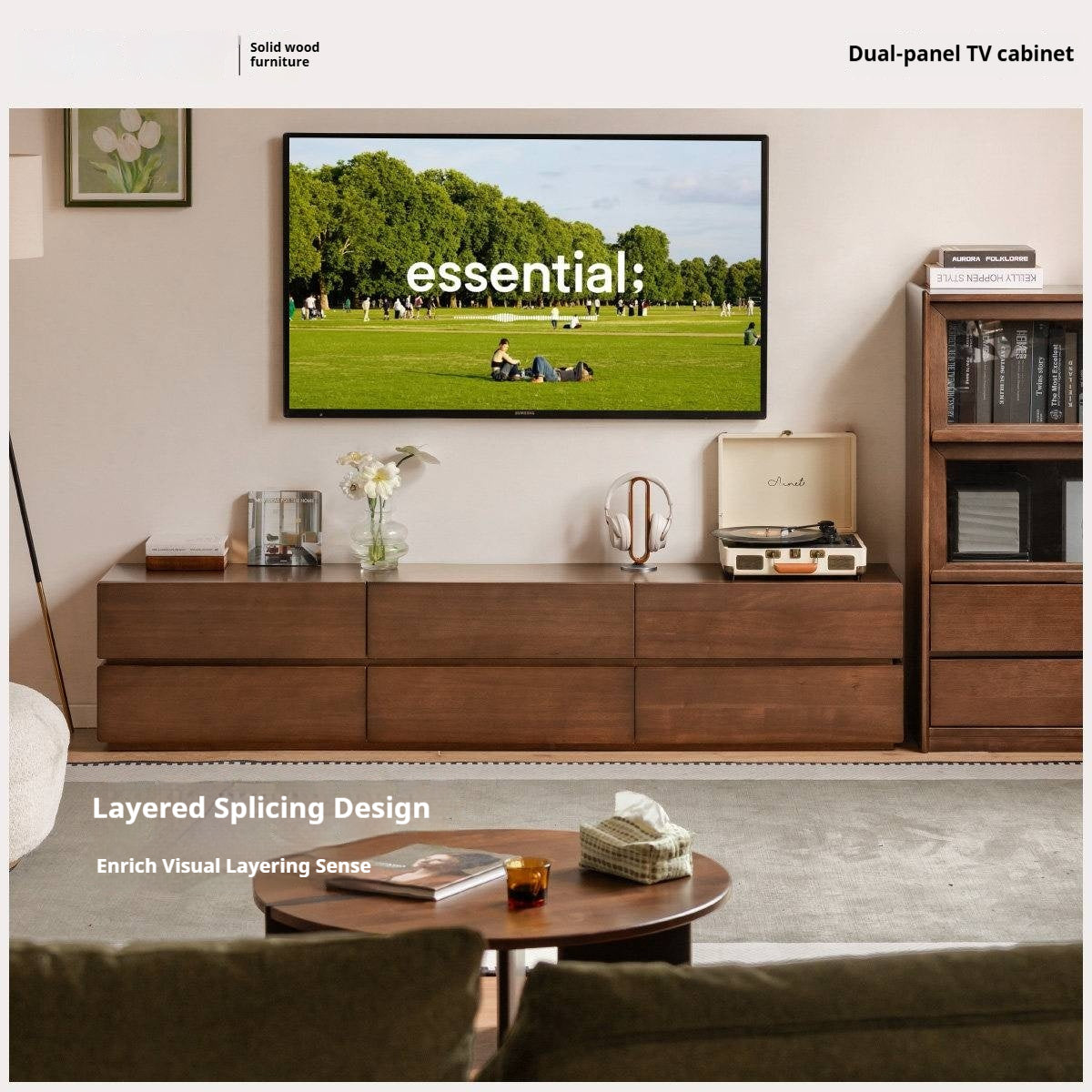 Solid Longan Hardwood Floating Media Console with Push-Open Drawers