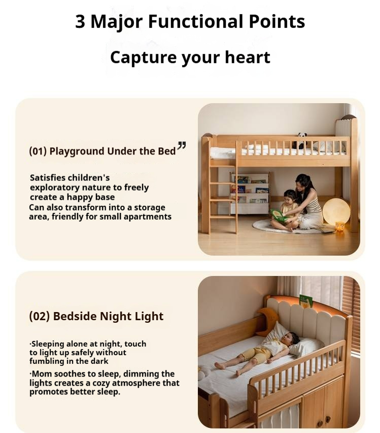 Beech Solid Wood Children's Soft Backrest Storage Loft Bed with Night Light