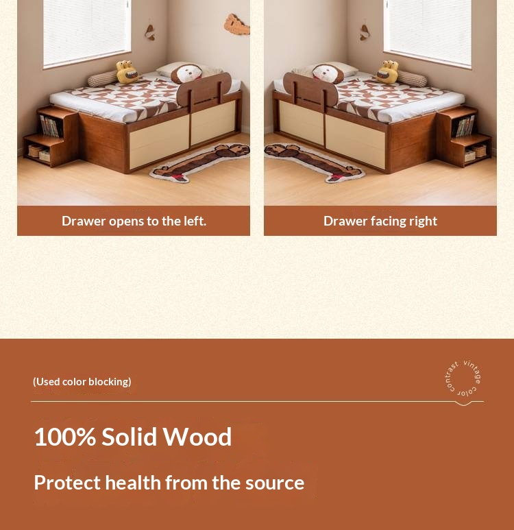 Rubberwood Solid Wood Kids’ Platform Bed and Hidden Storage