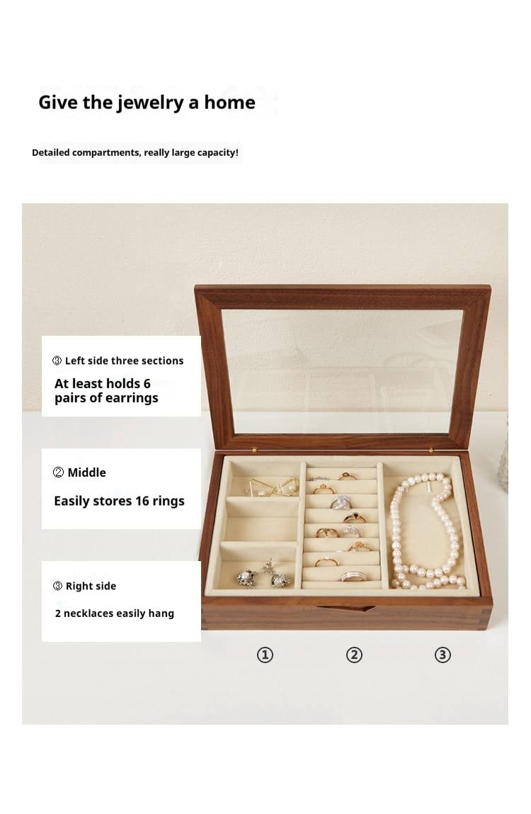 Black Walnut Solid Wood Storage Jewelry Box Transparent Display