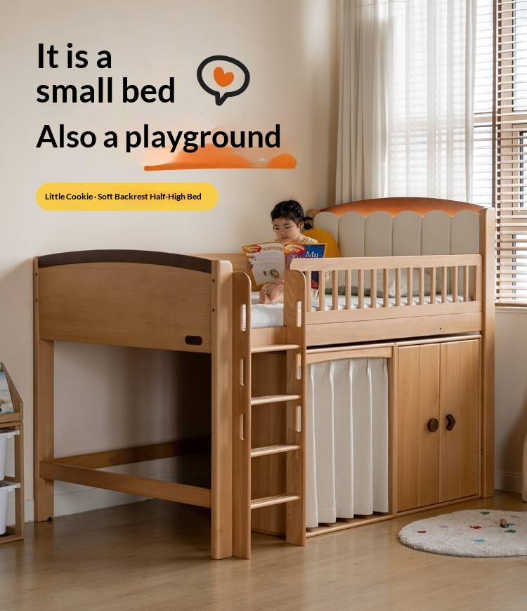 Beech Solid Wood Children's Soft Backrest Storage Loft Bed with Night Light
