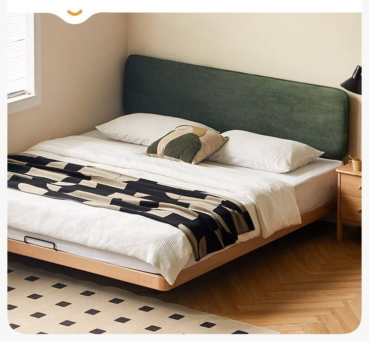 Beech Solid Wood Upholstered Bed — Retro Style with Floating Design, Luminous Light, Luxury Finish