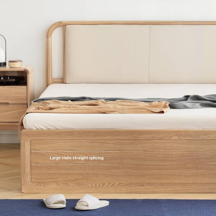 Ash Solid Wood Floor Bed — Modern Minimalist, High Box Design with Genuine Leather