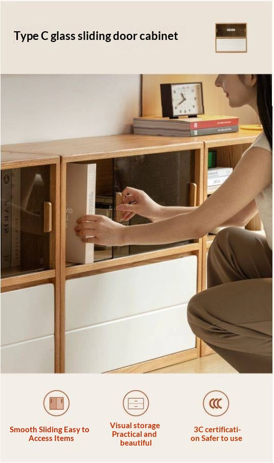 Oak Solid Wood Modular TV Cabinet System with Two-Tone Sliding Doors