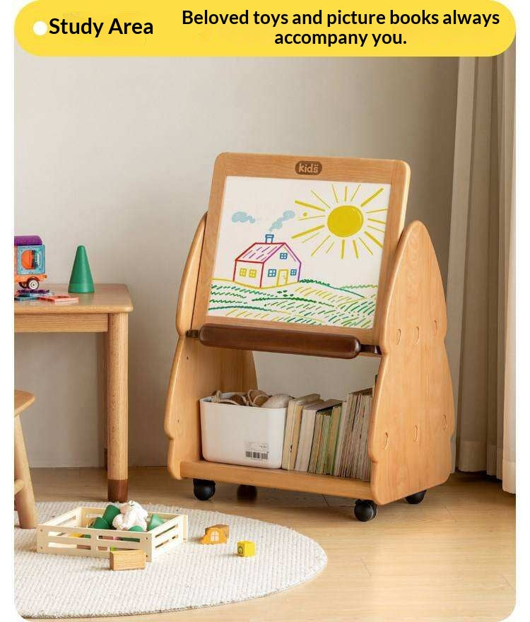Beech, Poplar Solid Wood Movable Kids Bookshelf with Wheels, Multifunctional Storage