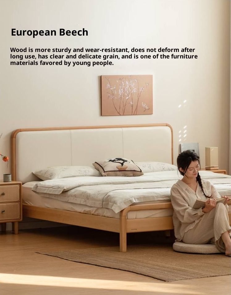 Beech Solid Wood Genuine Leather Soft Headboard Bed